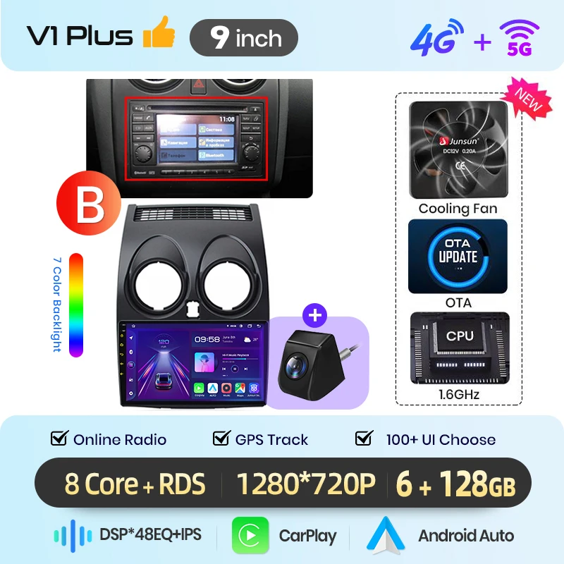 Junsun 9 inch Android 15 autoradio voor Nissan Qashqai J10 2006-2013 draadloos voor Apple CarPlay Auto IPS scherm stereo multimediaspeler automotive slimme intelligente systemen 2 Din autoradio head