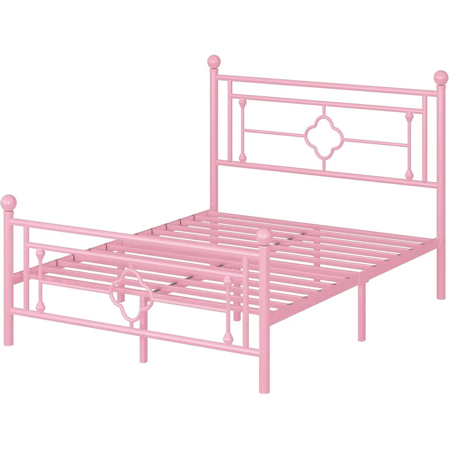 Full Size Metal Platform Bed Frame w/ Victorian Vintage Headboard & Footboard/Mattress Foundation/Under Bed Storage,Pink