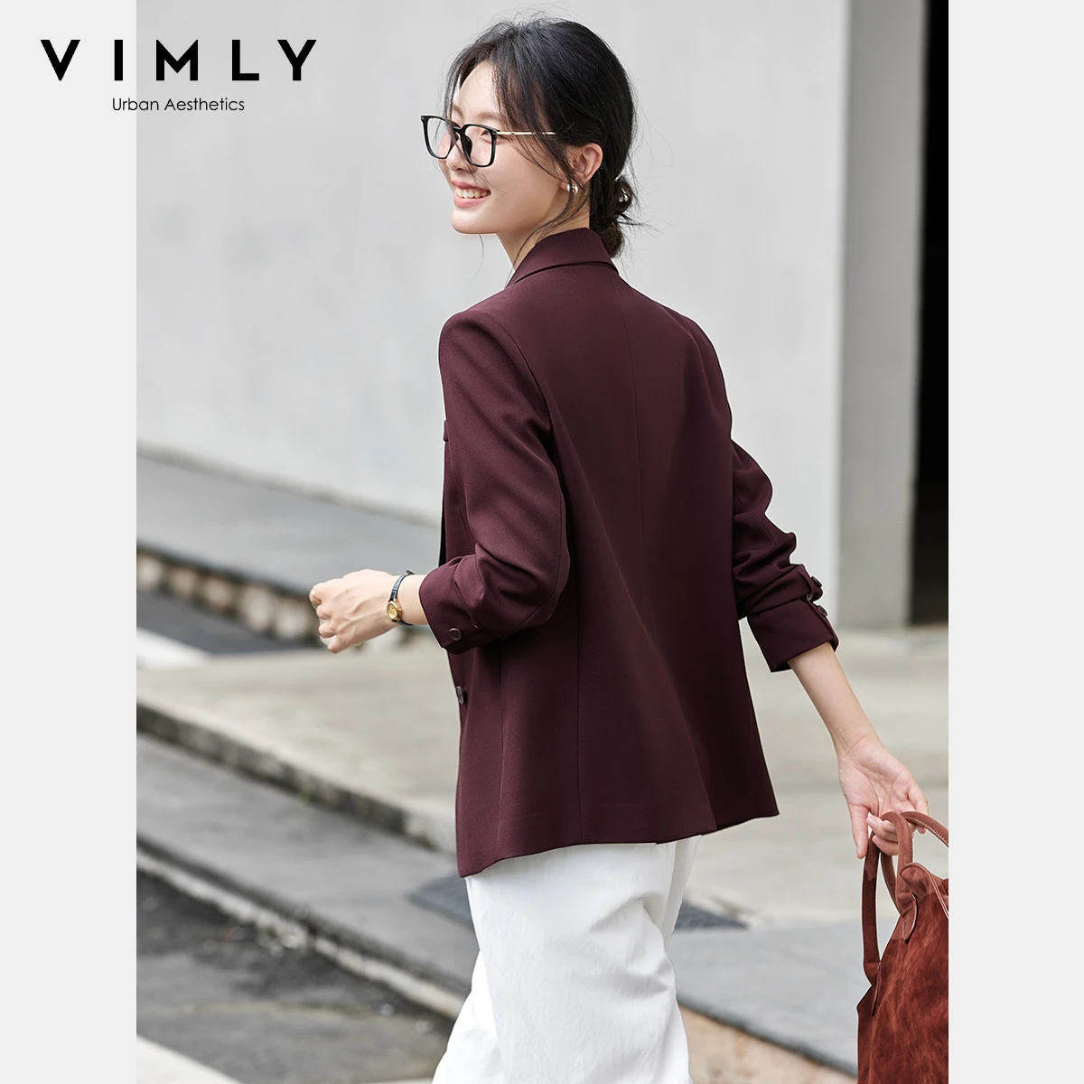 VIMLY المرأة سترة أنيقة حمراء معطف الخريف 2025 عادية محززة الرقبة السيدات السترة امرأة مكتب ارتداء جيب السترة فام A2360