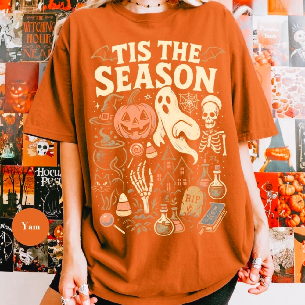 

Ретро Tis The Season Скелет Тыква Призрак Хэллоуин Футболка Винтаж Креативная Хэллоуин Футболка Y2K Женская Фестивальная Повседневная Рубашка