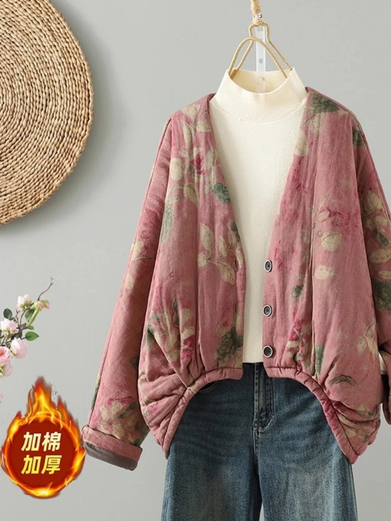 2025 New Autumn New Vintage Cotton And Hemp Printed New Chinese Style Bat Sleeve Cotton Jacket Loose Quilted Coat W997