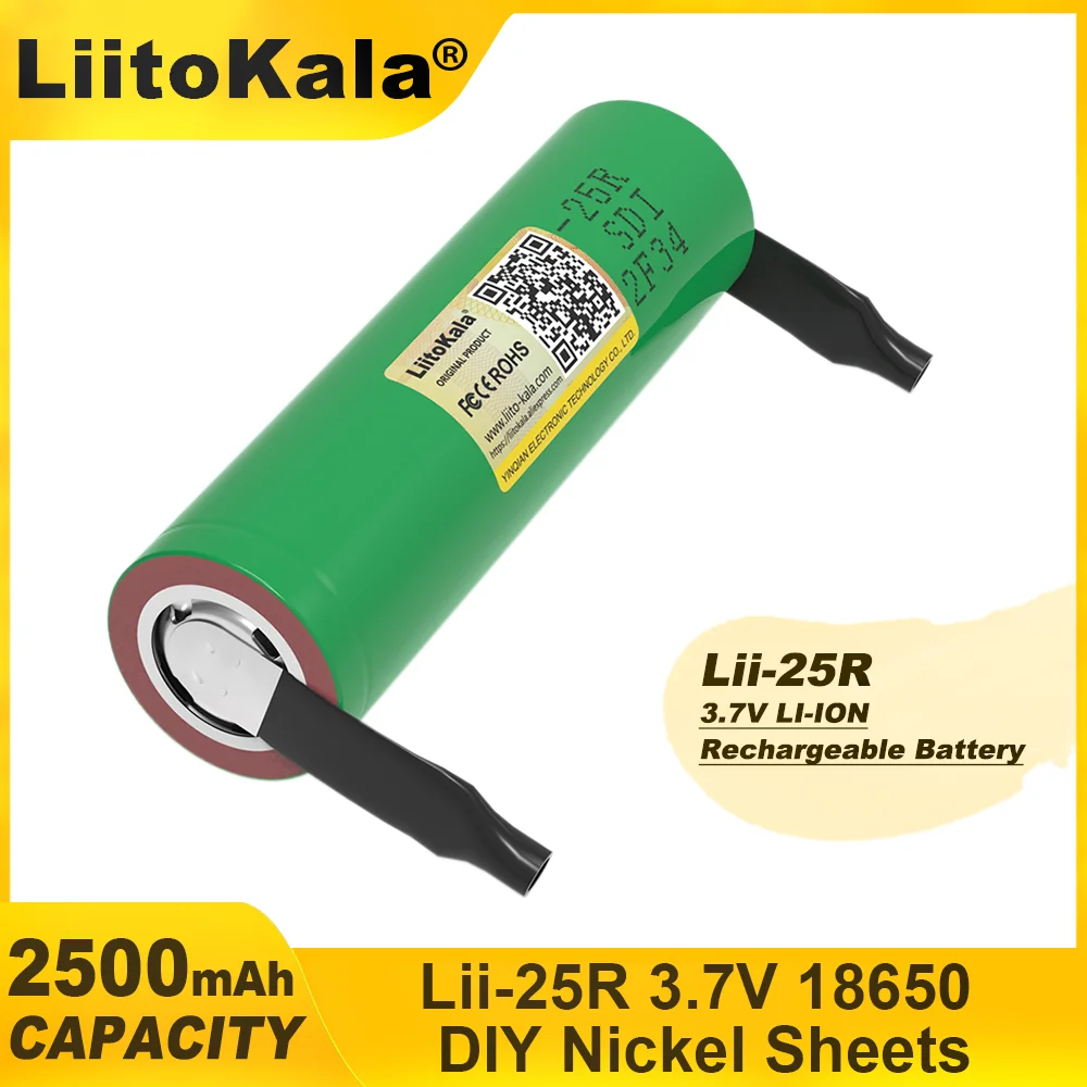 LiitoKala-rechargeable lithium battery, high capacity nickel battery, DIY, Lii-25R, 18650, 3.7 V, 2500mAh