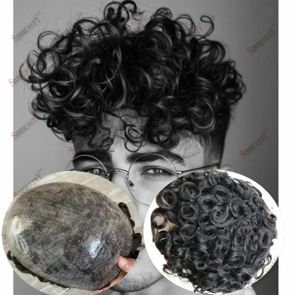 24mm Curly Mens Toupee Human Hair Durable Full Skin Injection PU Black Brown Capillary Prosthesis Replacement Male Hair System