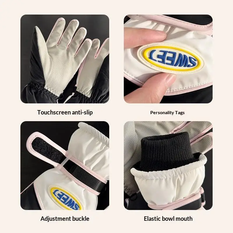 1 Paar süße, wasserdichte Winter-Skihandschuhe mit Touchscreen-Funktion, dickem Fleece-Futter und verstellbarem Handgelenksriemen zum Skifahren und Wandern – Detail 4