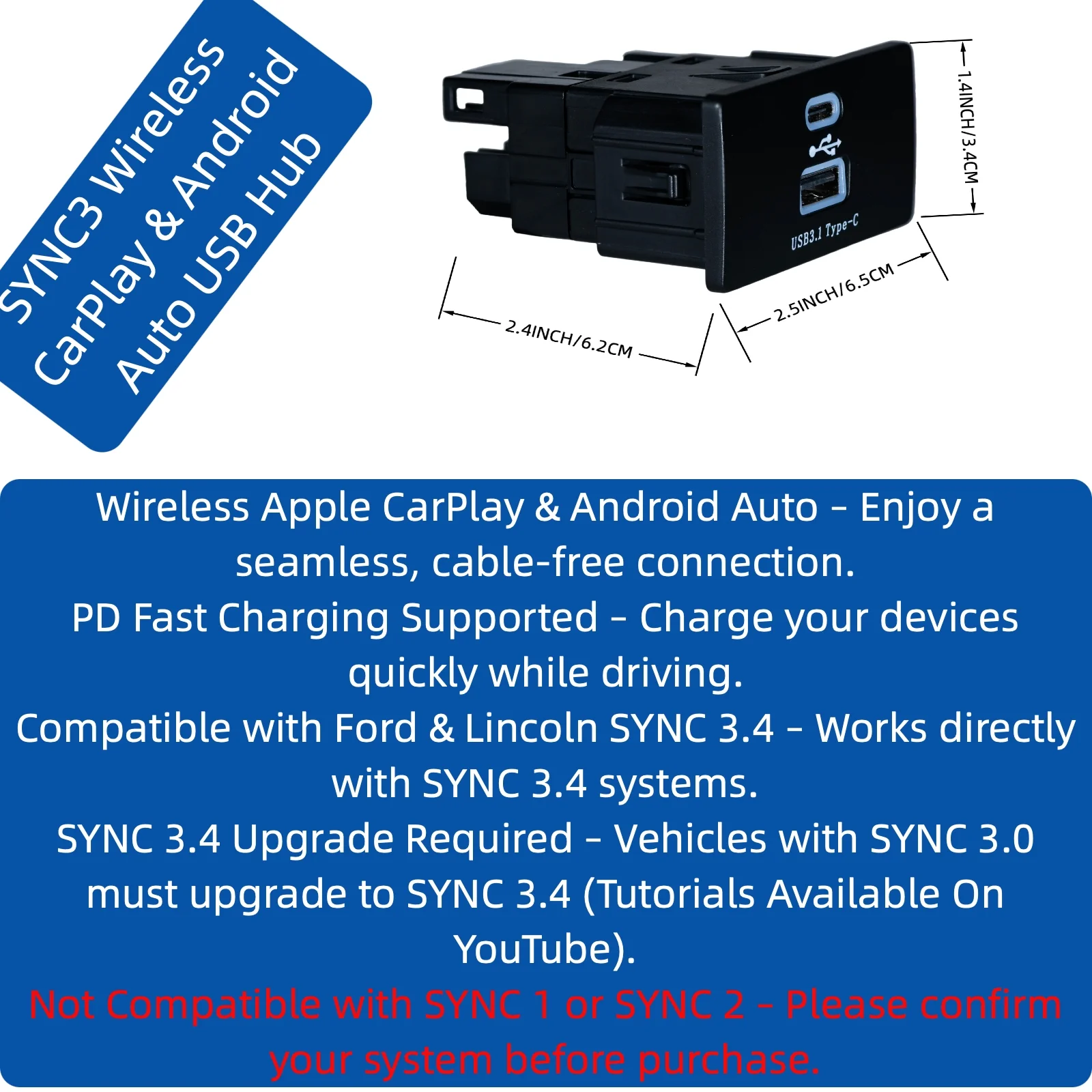 Lizpofly  Wireless CarPlay Android Auto USB HUB For Ford Lincoln SYNC3.4 PD Fast Charging Adapter