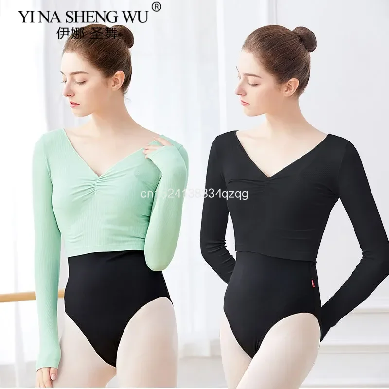 Woman Ballet Dance Tops Knitted Dance Tops V Neck Long Sleeve Dance Shirts Adult Dancewear Training Dance Ballet Costumes