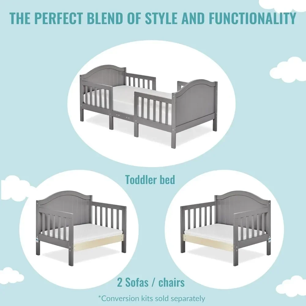 Children Beds-3 in 1 Convertible Toddler Bed in Steel Grey Low To Floor Design, Non-Toxic Finish, Pinewood