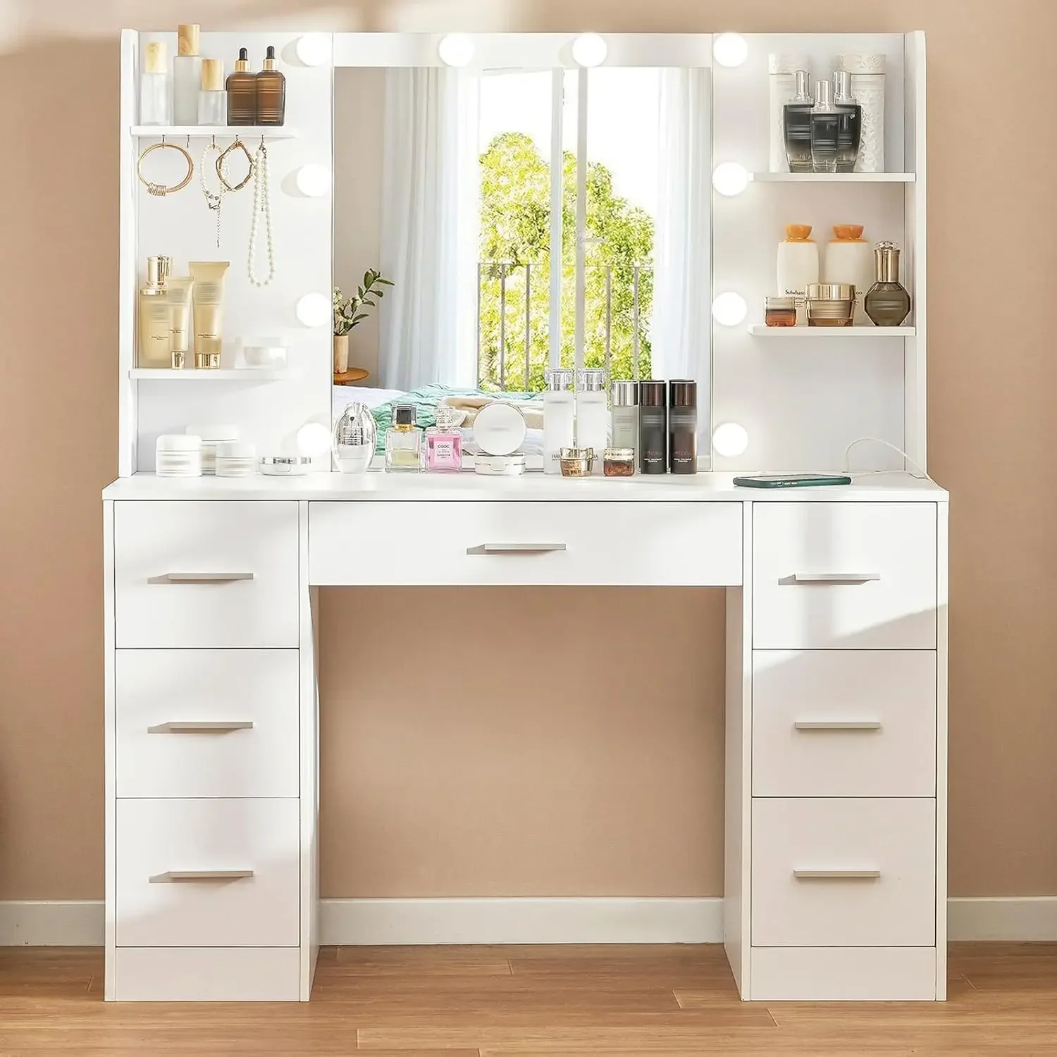 Large Vanity Desk with LED Lighted Mirror & Power Outlet,Makeup Vanity Table with 7 Drawers,4 Shelves and 5 Hooks