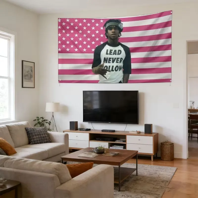 Lead Never Follow Graphic Portrait Pink American Flag Tapestry, Hip Hop Rapper USA Flag Wall Hanging, Trendy Aesthetic Bedroom Wall Decor