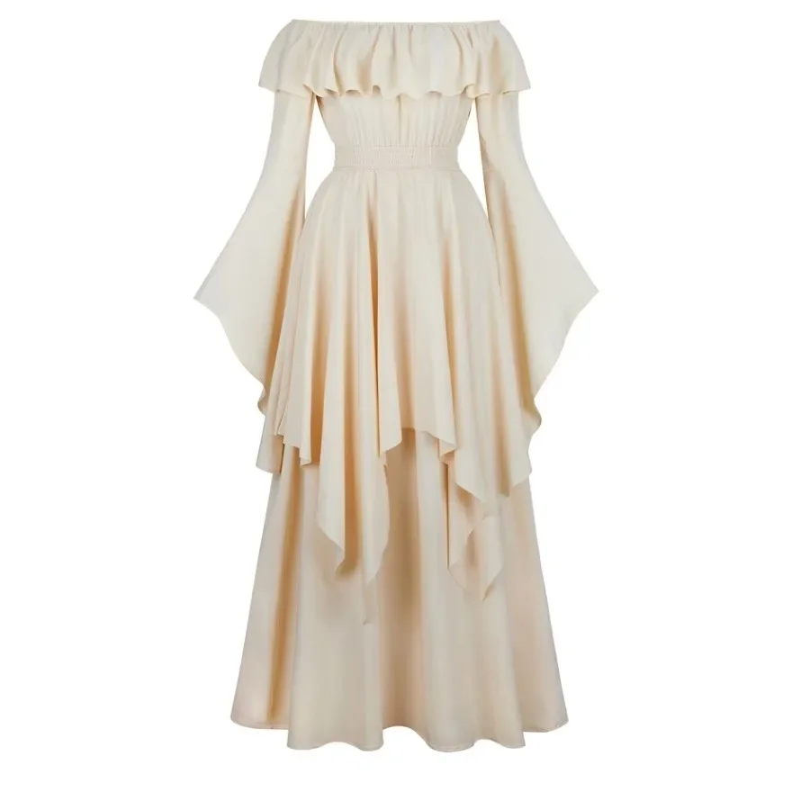Abito rinascimentale a vita alta elastico con spalle scoperte per donna Abito smock medievale a maniche lunghe Abito da sera elegante Taglie forti