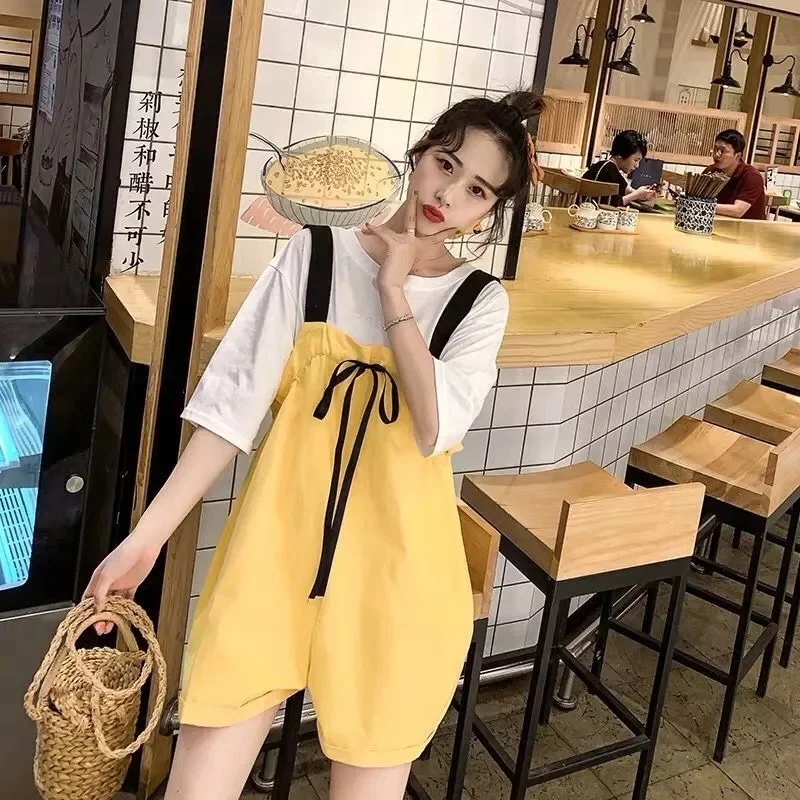 Single Piece/Set Loose Summer Shorts Suits Cotton Overall Fashion Versatile Pregnant Woman Wide Leg Two Piece Backpack Pants Set