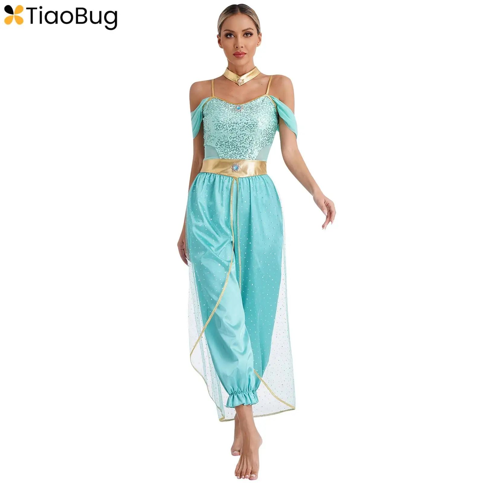 

Womens Arabian Princess Cosplay Costumes Belly Dance Costume Shiny Sequins Romper+Choker Collar Outfit Halloween Party Dancewear