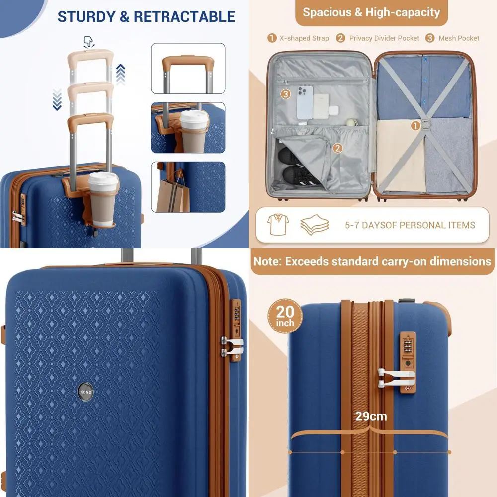 20 Durable PP Expandable Suitcase for Short Trips, TSA Lock, Hidden Cup Holder, Navy/Brown