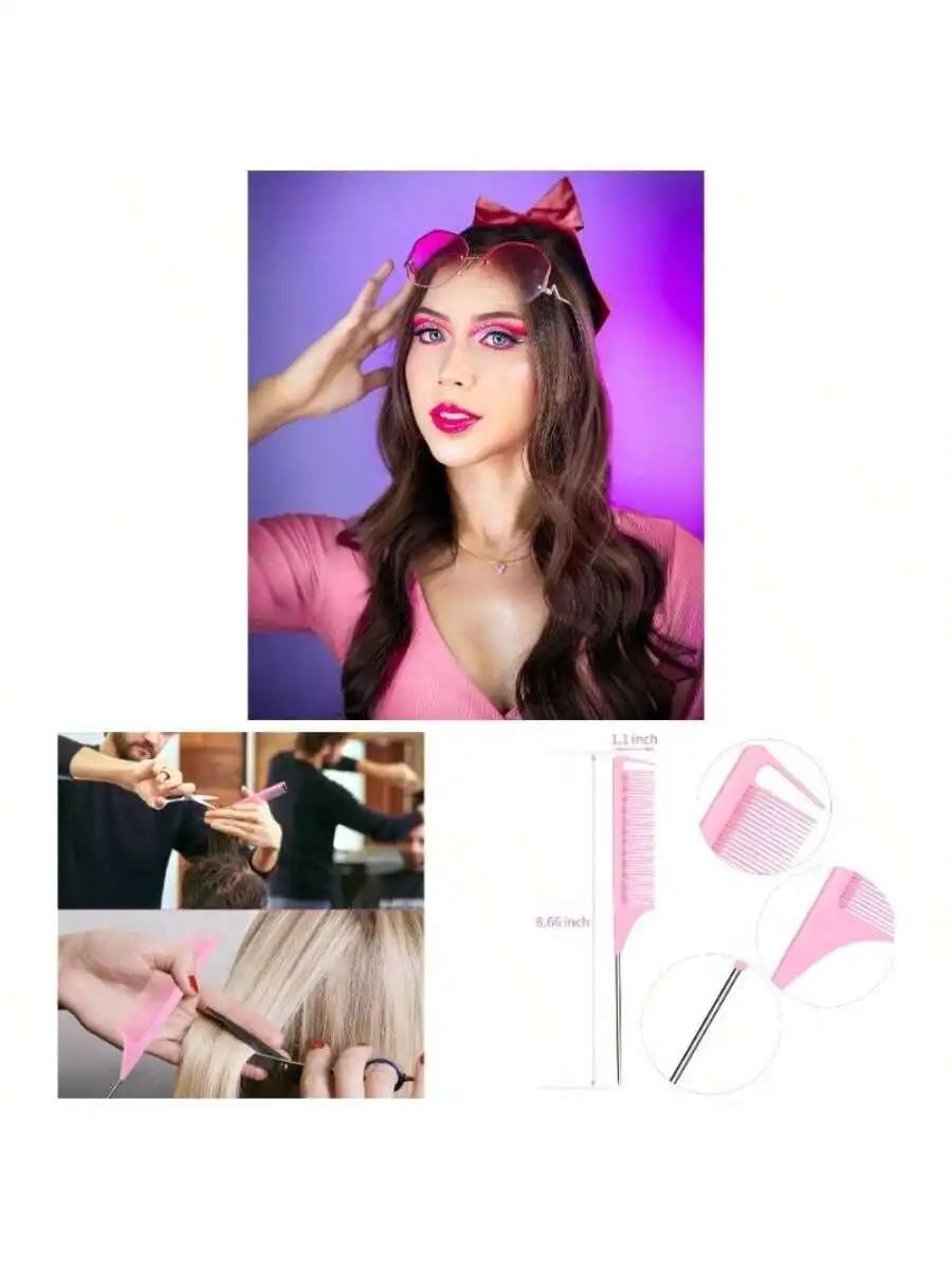 

Rat Tail Comb 12pcs Pink Carbon Fiber Heat Resistant Anti Static Hair Styling Parting Sectioning