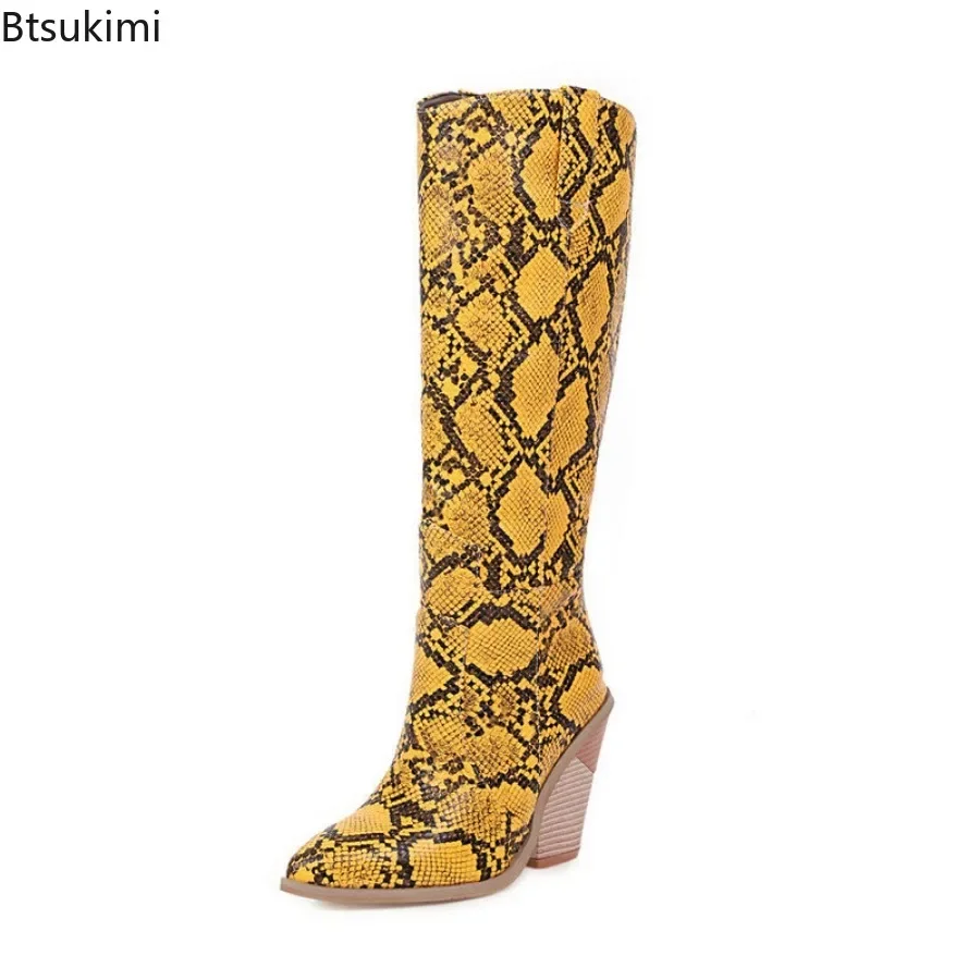 New2024 Women\'s Knee-High Boots Snake Print Strange Heel Females Shoes Pointed Toe Sexy Catwalk Boots for Women Large Size Boots