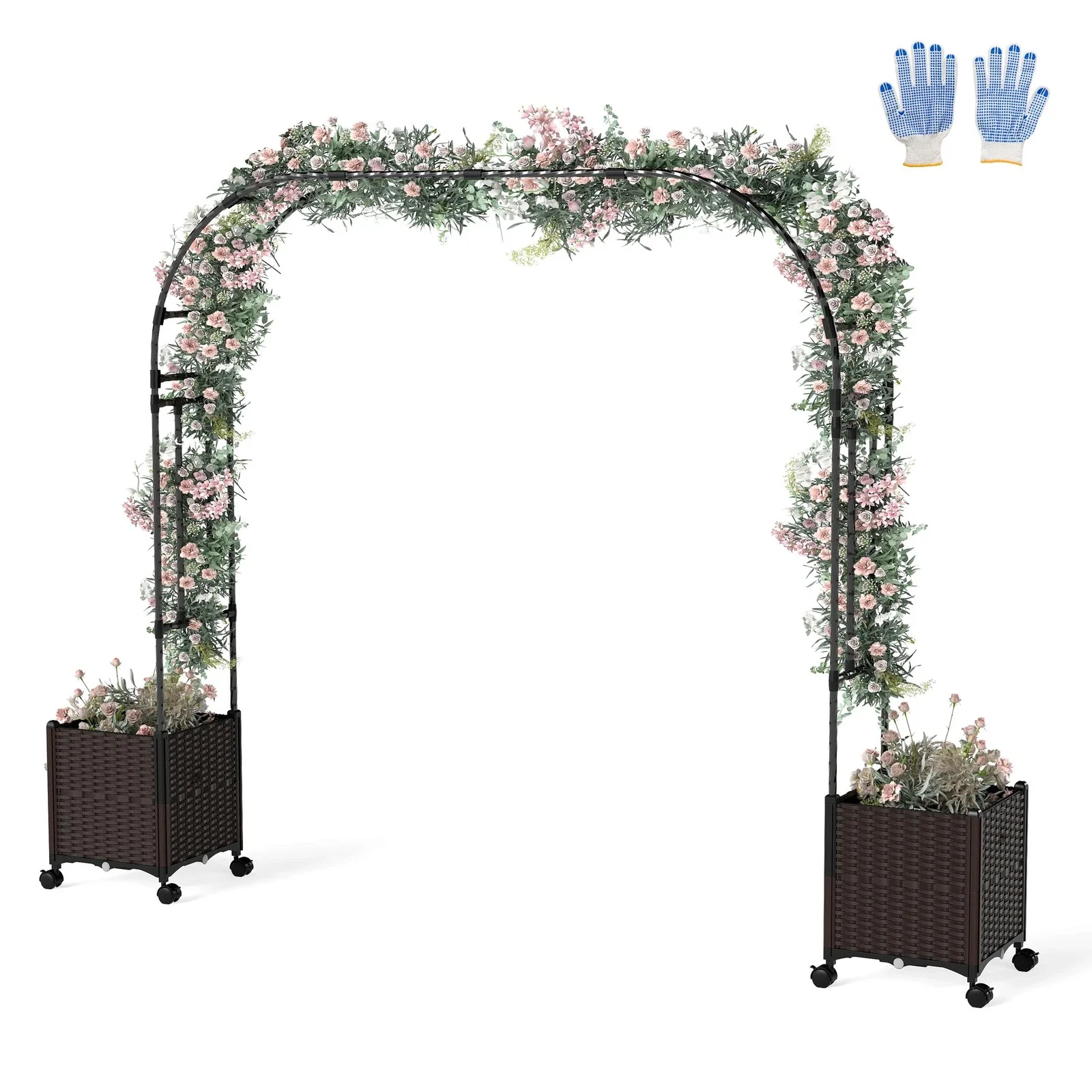

6.6 FT Tall Metal Garden Arbor w/ 2 Raised Garden Planters Arch Trellis Outdoor