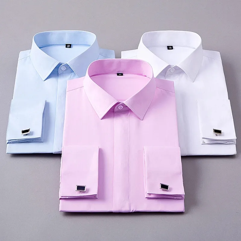 

Men French Cufflinks Shirt Solid Plain Color Social Tuxedo Shirt Work Business Non-iron Formal Button Tops Pink Gentleman Party