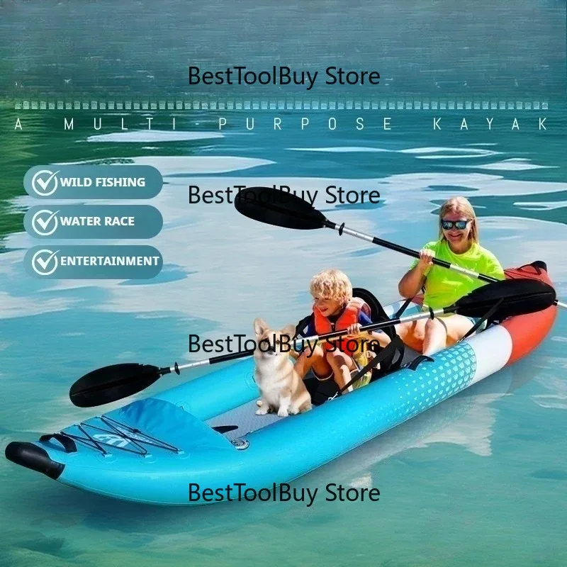 

3-Chamber Inflatable Kayak Boat, Heavy-Duty 200kg Capacity PVC Canoe/Raft with Drain Valve & Fin for Fishing