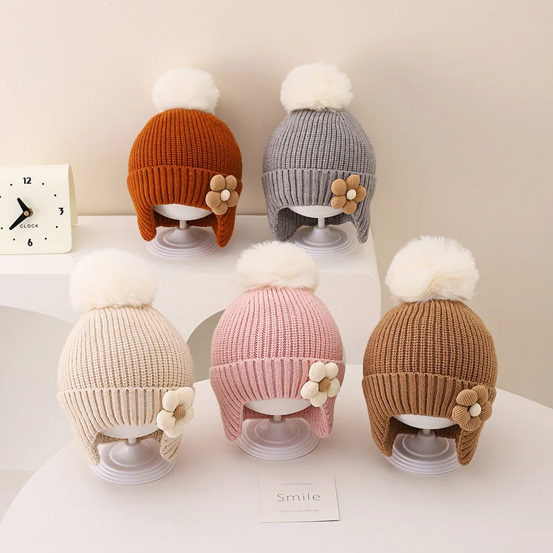 Baby Hat Winter Newborn Beanies Cap Cute Flower Knitted Ear Protection Thickened Hat Boy Girl Warm Windproof Cap Kids Accessorie