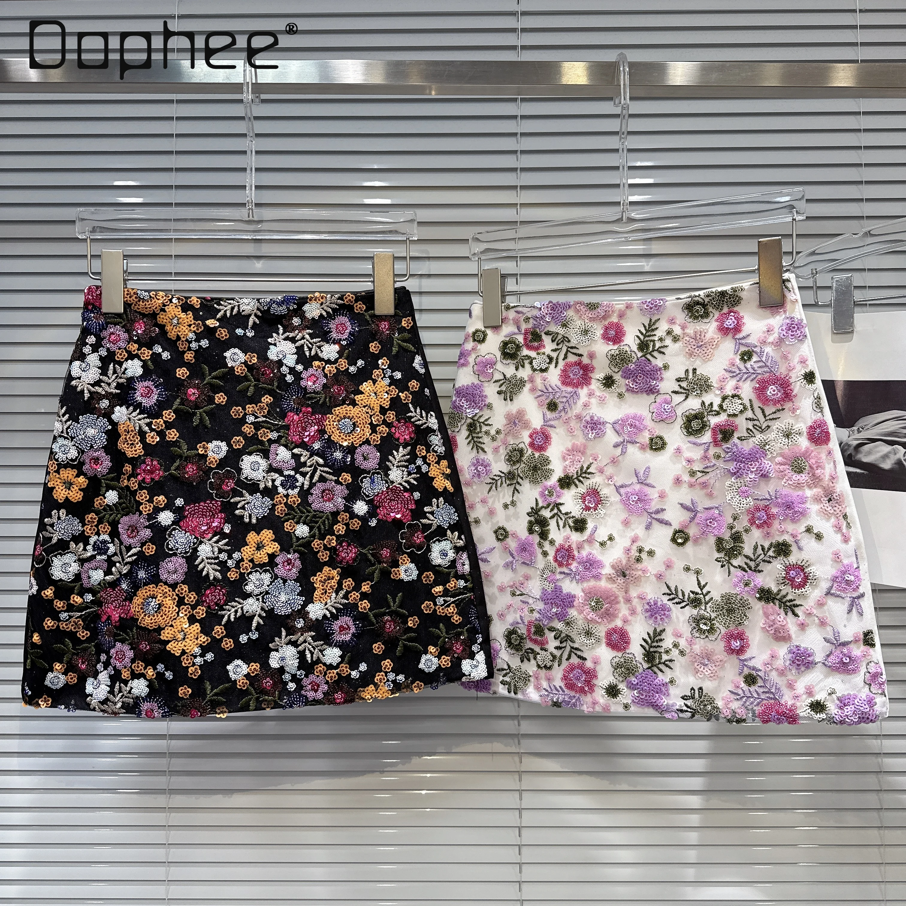 

French Celebrity Color Sequin Embroidered Flower Skirt High Waist Slim A-line Skirts Sweet Cute Printed Skirt Women Summer New