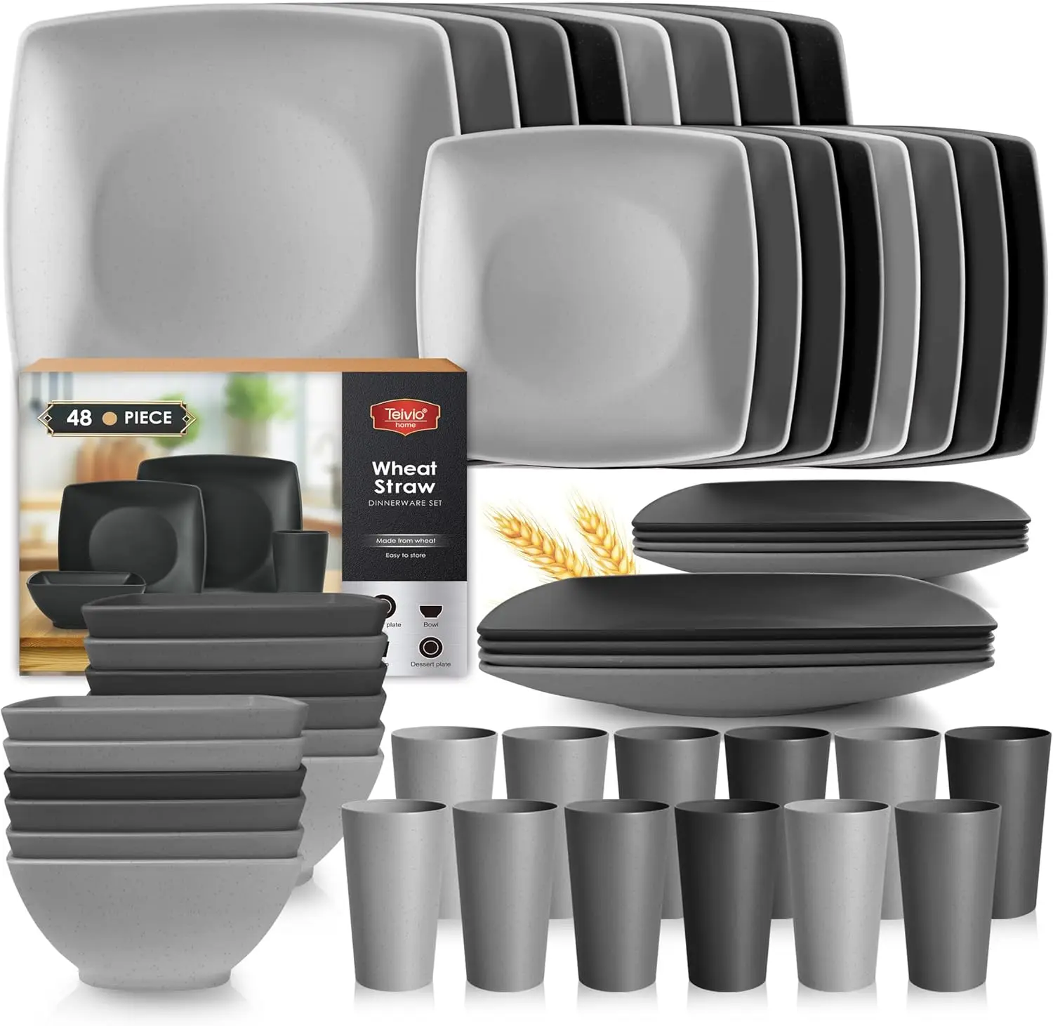 

48-piece Wheat Straw Square Dinnerware Set for 12, Unbreakable Dinner Plates, Salad Plates, Snack Bowls, Tumblers 13.5 oz