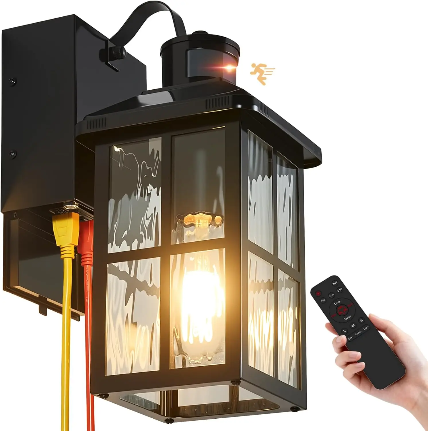 

Porch Light with GFCI Outlet & Remote, Dusk to Dawn Motion Sensor, 4 Modes, Waterproof for Patio Garage