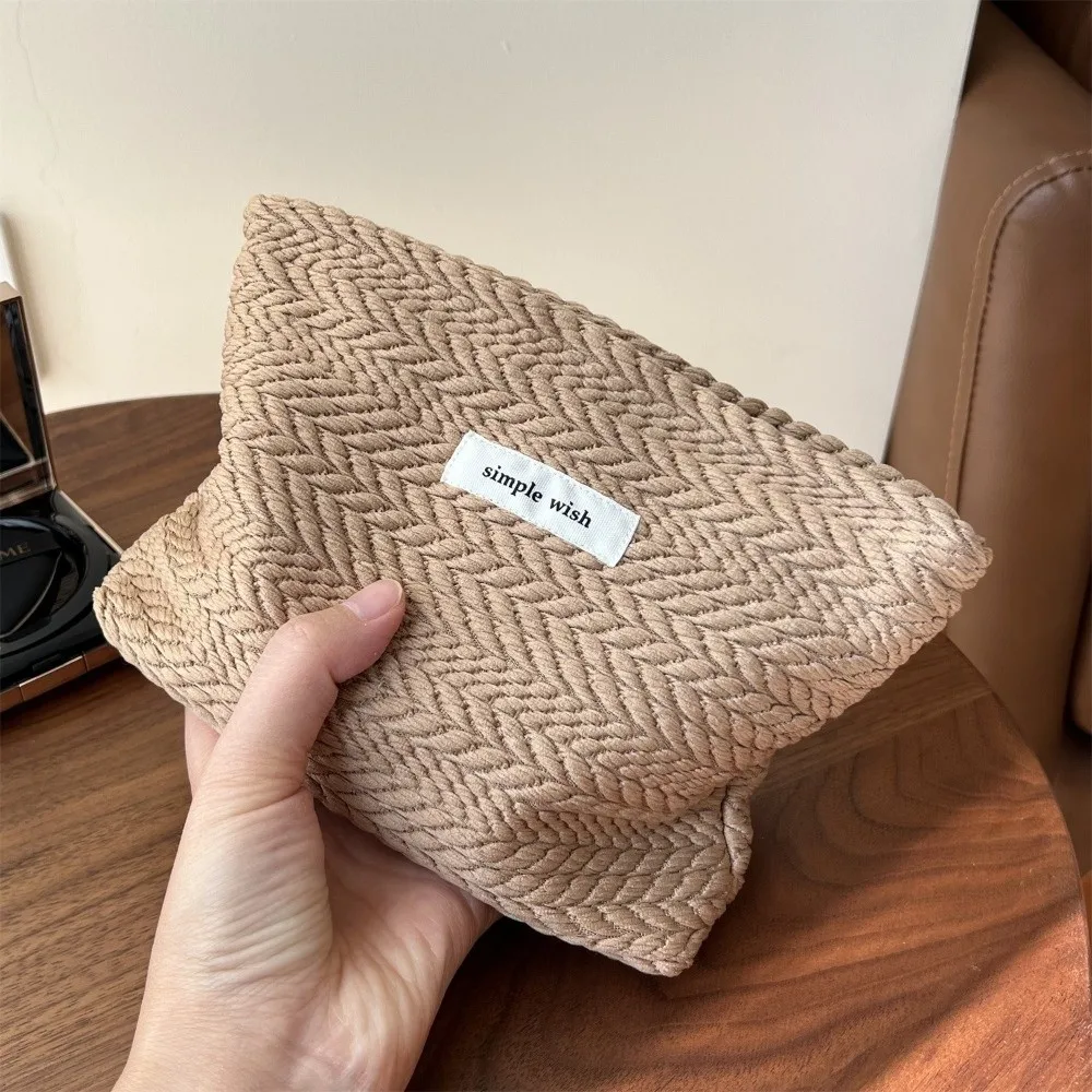 Portable Zipper Cosmetic Bags Woven Fabric Solid Color Makeup Bag Beige Coffee Storage Pouch Travel