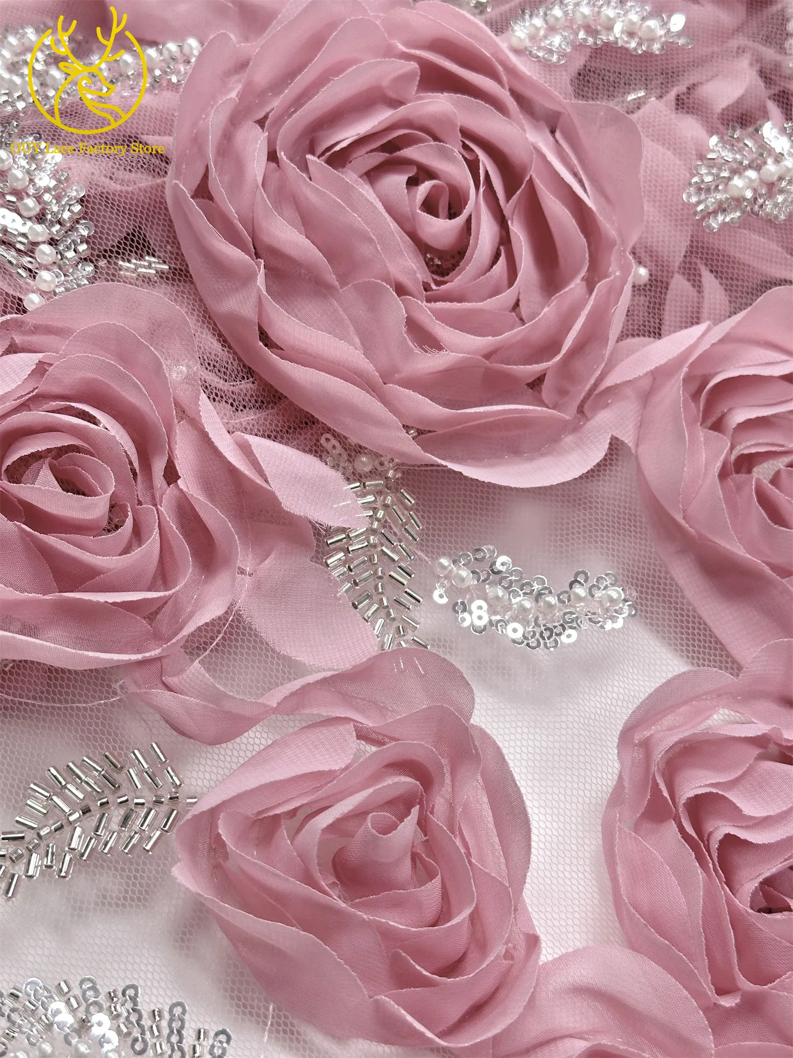 3D-Rosen-High-End Nigerianischer Tüll-Spitzenstoff 2026 – Hochwertiger afrikanischer Pailletten- und Perlen-Spitzenstoff für Brautkleider und Hochzeitskleider zum Nähen – Detail 15