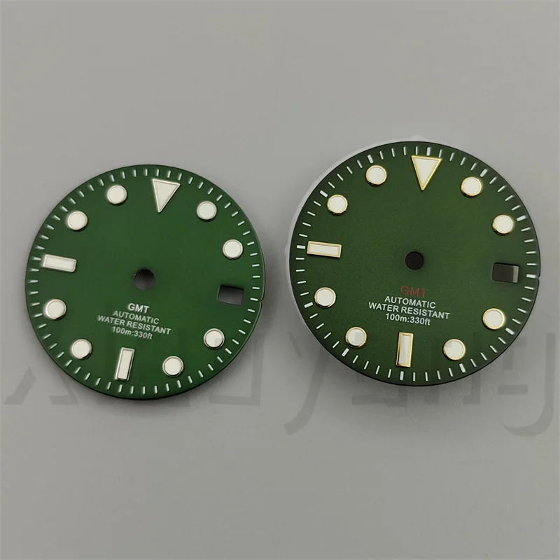 29mm Glossy Watch Dial Black White blue Dial Green Blue Red Orange GMT Text Black Gold Rose Edge Fit NH34 Movement C3 Luminous