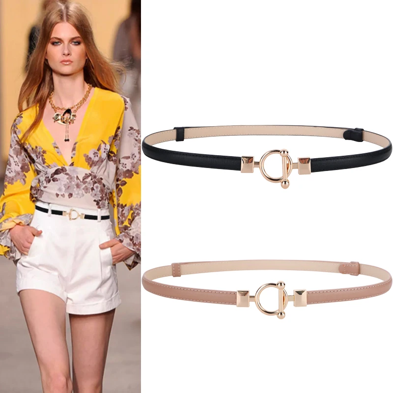 

Gold Designer Belt For WomenLluxury Ring Metal Buckle Genuine Leather Ladies Girdle Matching Femele Jeans Dress Thin Waistband