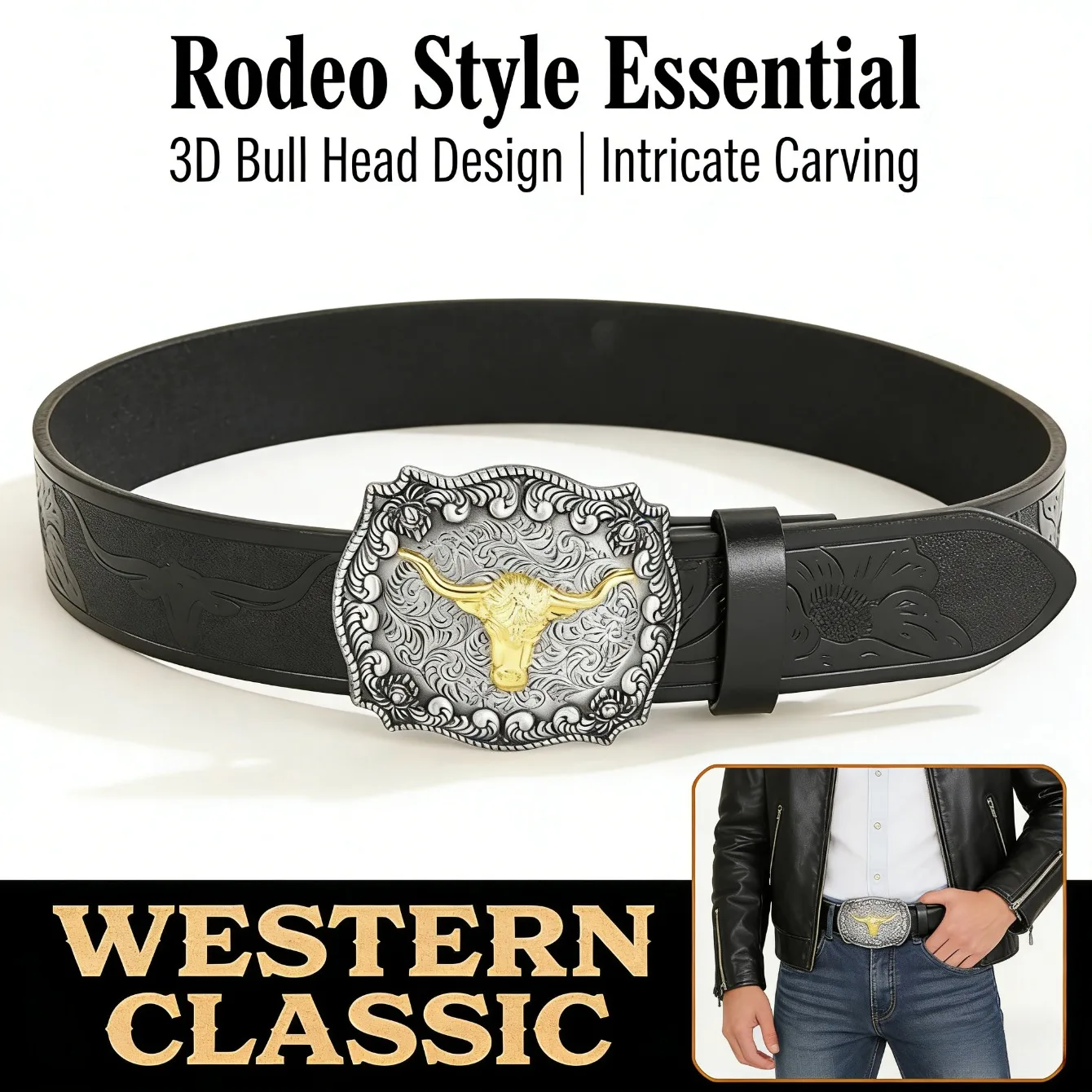 

Ретро западный большой пояс с рогом быка, износостойкие джинсы, подходящие для повседневного использования