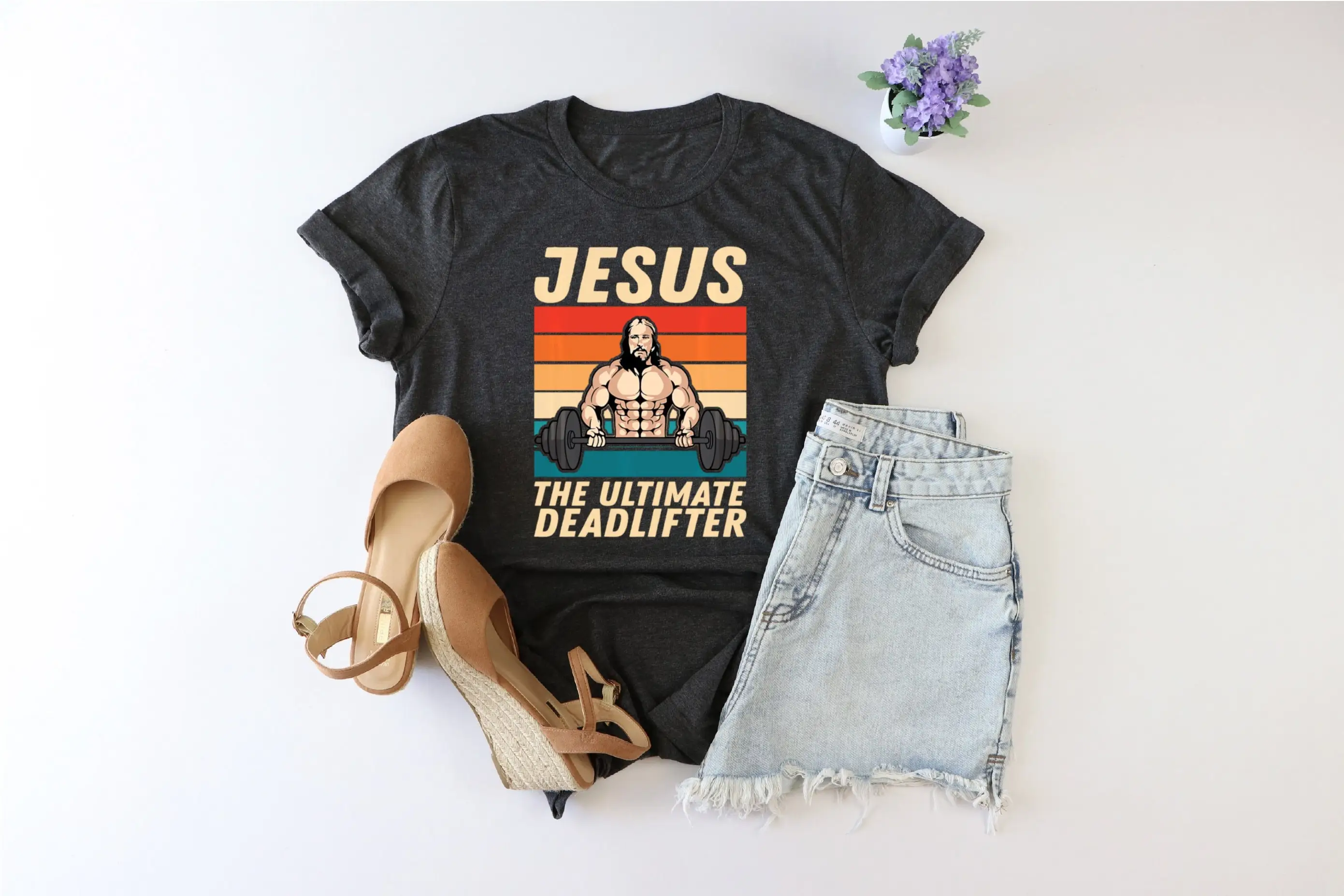 Jesus The Ultimate Deadlifter T Shirt Weightlifting Vintage Christian Faith Gym Gymer