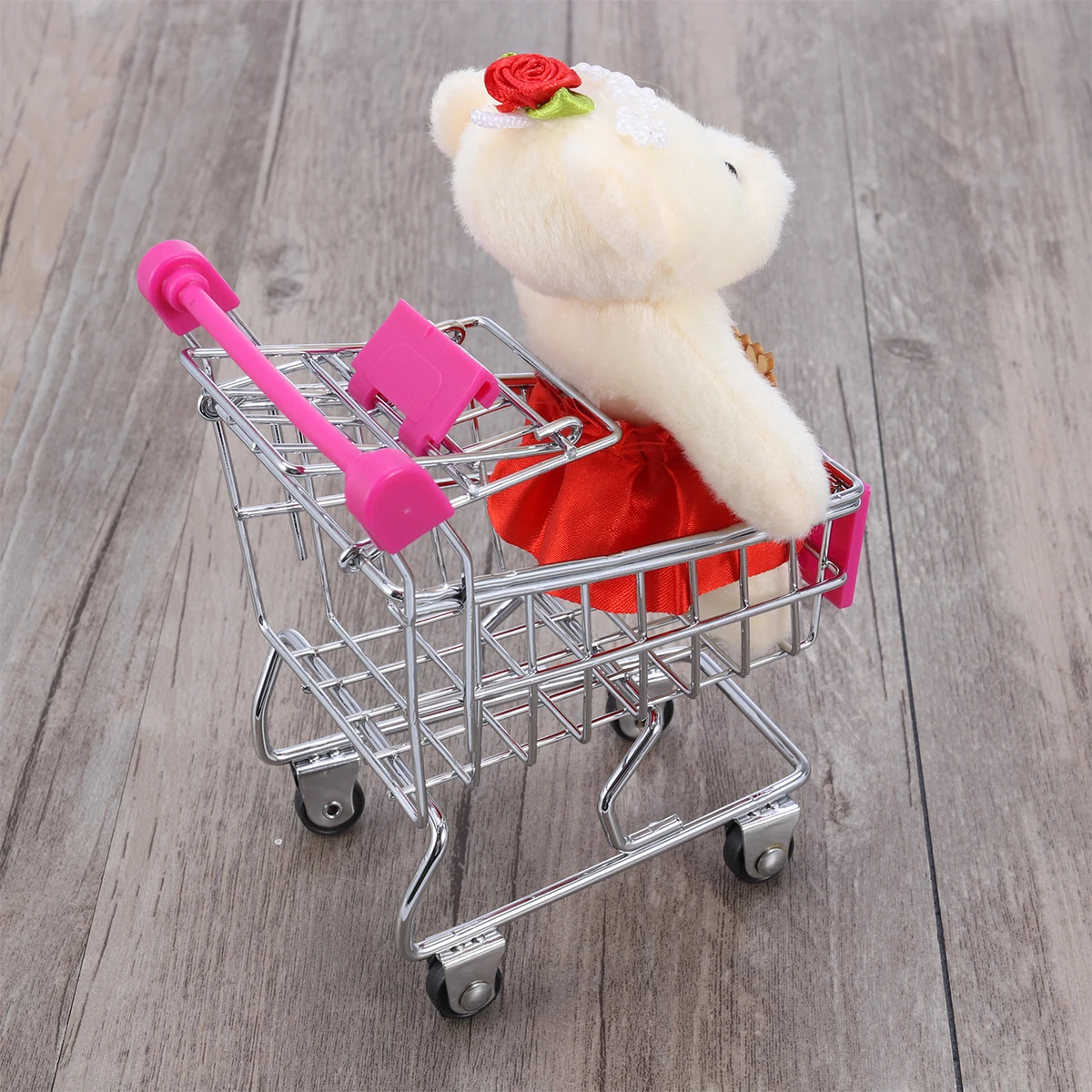 

Mini Shopping Cart Storage Box Durable Metal Plastic Desktop Organizer Pen Cellphone Holder Decor Basket Rosy