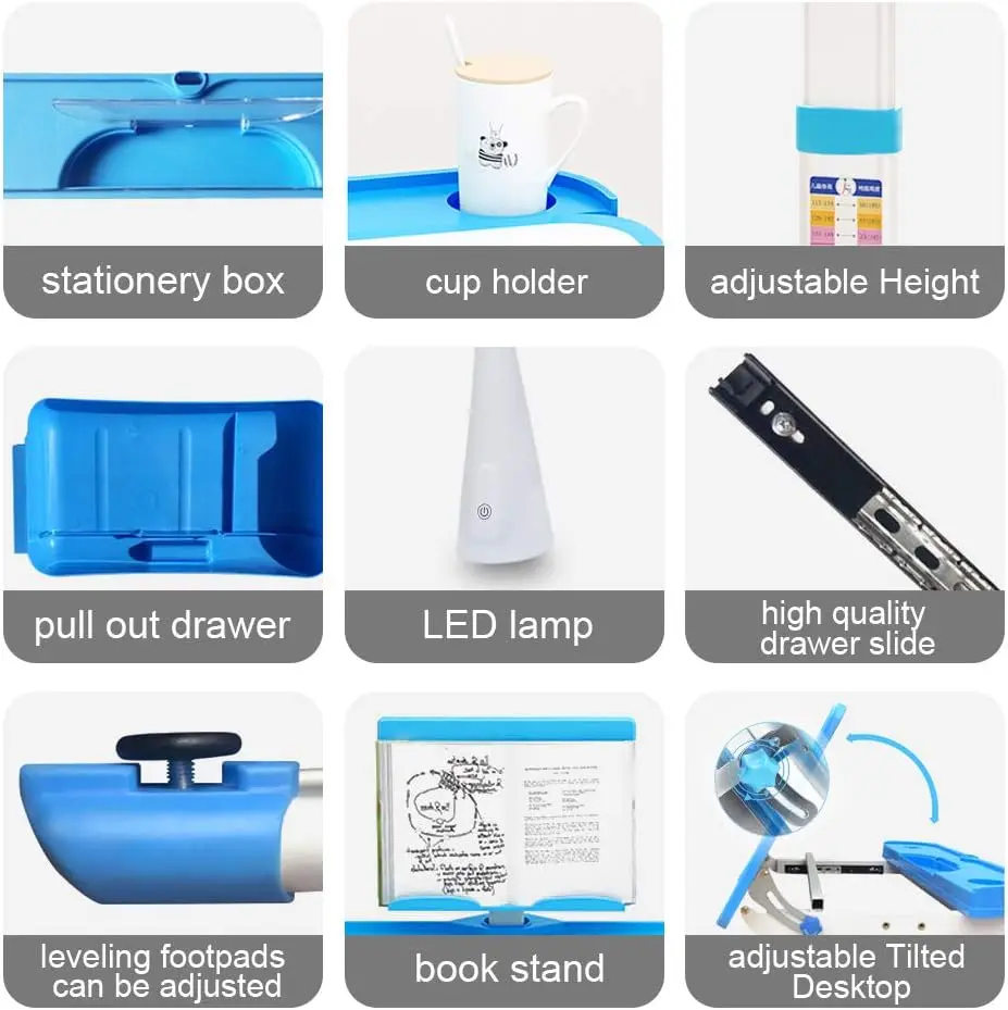 مجموعة مكتب وكرسي للأطفال، مكتب دراسة مدرسي للأطفال قابل للتعديل الارتفاع مع سطح مكتب مائل، حامل كتب، مصباح LED، خطاف معدني #6