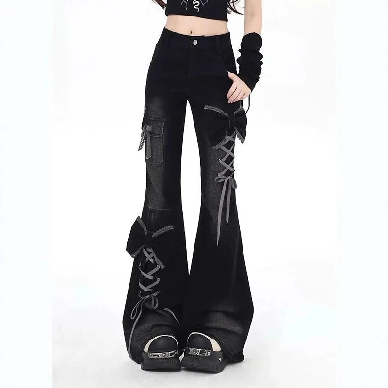 3D Butterfly Bow Black Bell Bottom Jeans Women Y2K High-Waisted Skinny Fit Fall Winter Design Slim Flattering Denim Pants New