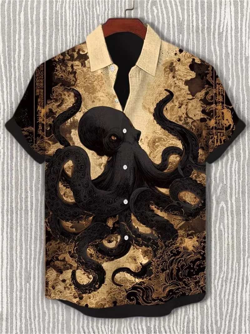 New men's artistic short sleeved shirt with Chinese style Shenlong Mountain and Sea design for daily commuting