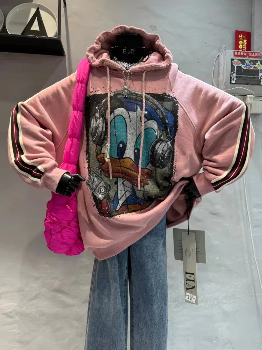 European Goods 2024 Autumn and Winter New Heavy Industry Hot Diamond Cartoon Duck Print Hooded Sweatshirts Women\'s Fleece Top