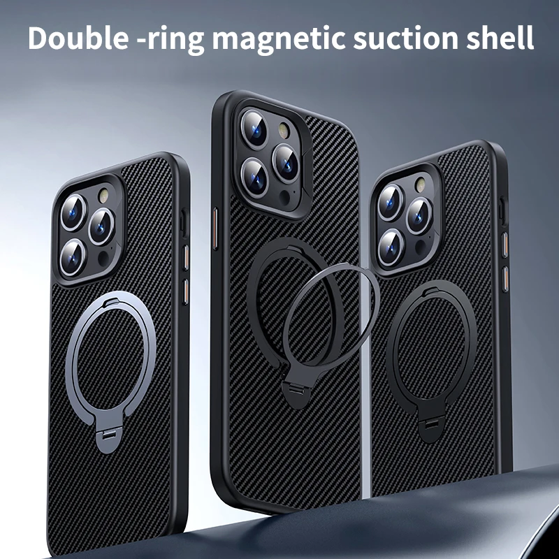 

Carbon Fiber Texture Dual Magnetic Ring Stand For iPhone 16 Plus 15 Pro Max 14 13 12 360 Rotating For Magsafe Wireless Charge