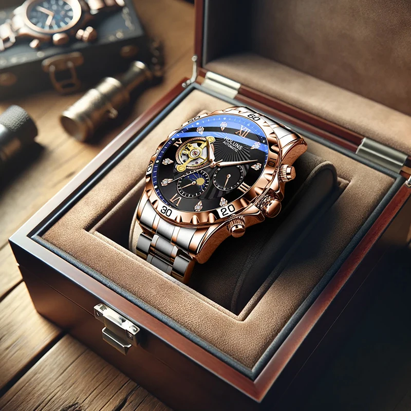 

A men's fashion-style mechanical watch with a rose gold case, diamond accents, and a steel band