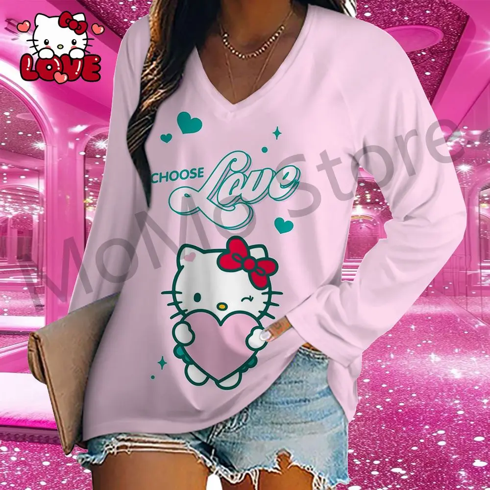 

V Neck Women's Long Sleeve T-shirts Hello Kitty Youthful Woman Clothes Leisure New Streetwear Fashion High Quality Top S-3XL Y2k