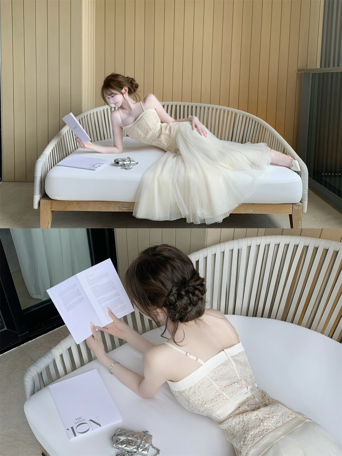 

Kikimy Handmade Lace Splicing Thin Veil Halter Top Half Skirt Set Dreaming Moon White Fashionable Women's Two-Piece Suit Spring