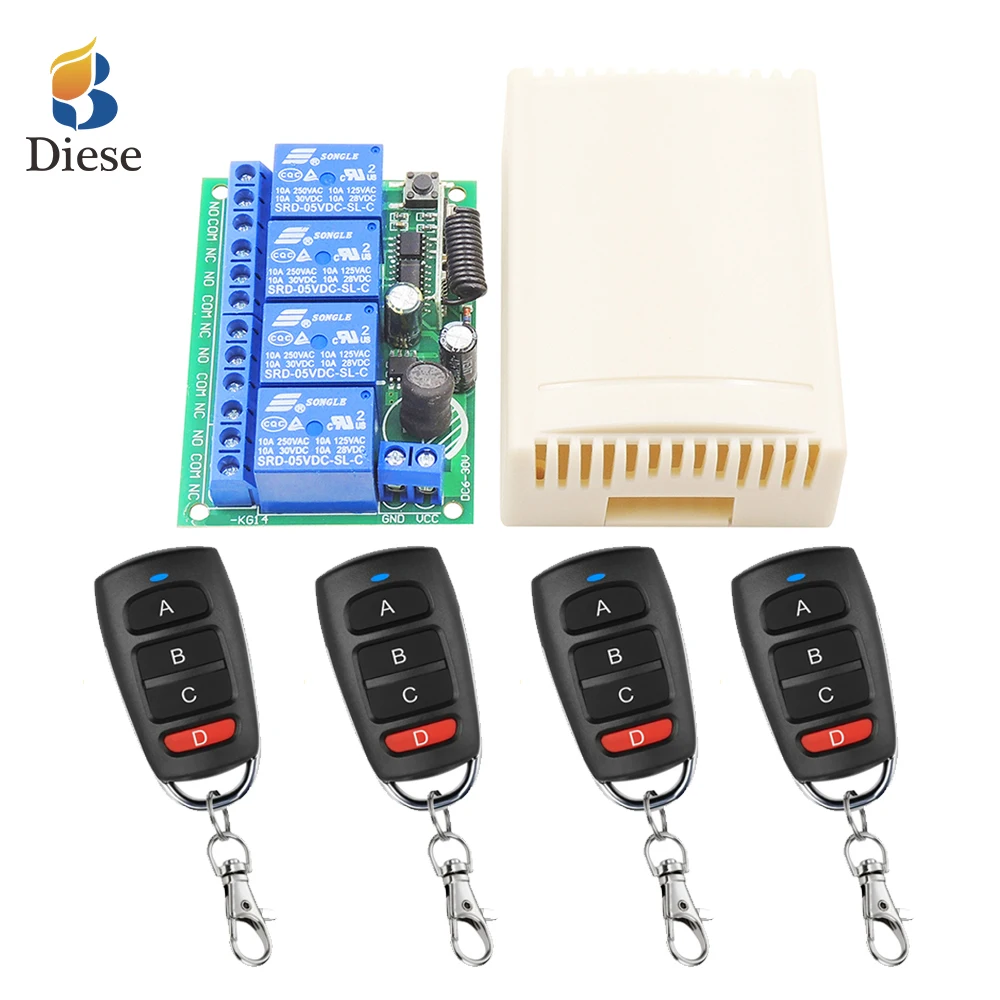 

Diese 433MHz Universal Remote Control DC 12V 24V 4CH RF Wireless Relay Receiver and Transmitter,for Garage/Light/Motor/LED