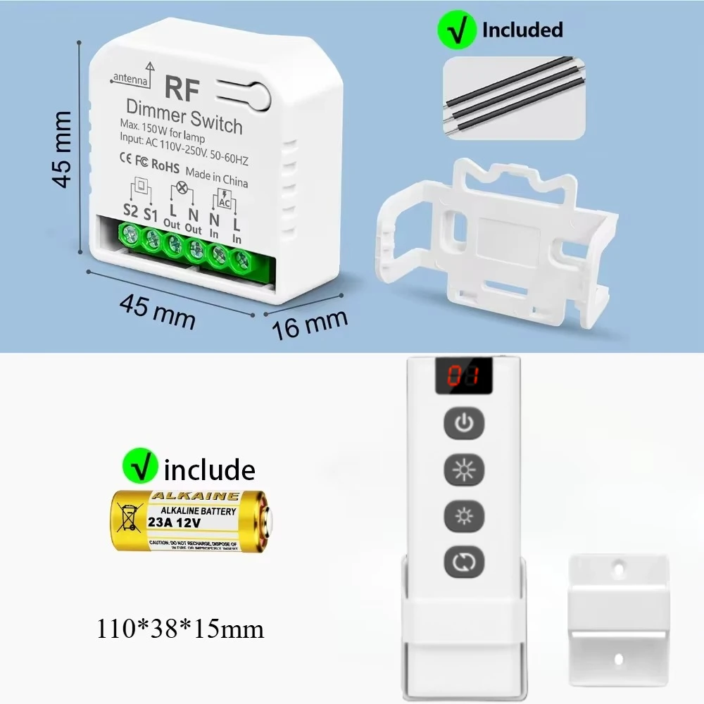 RF433 MHz AC110 V 220 V kabelloser Dimmerschalter, Lichthelligkeit einstellbar, 5-in-1-Fernbedienung, 2-Wege, für 10–150 W LED-Halogenlampe