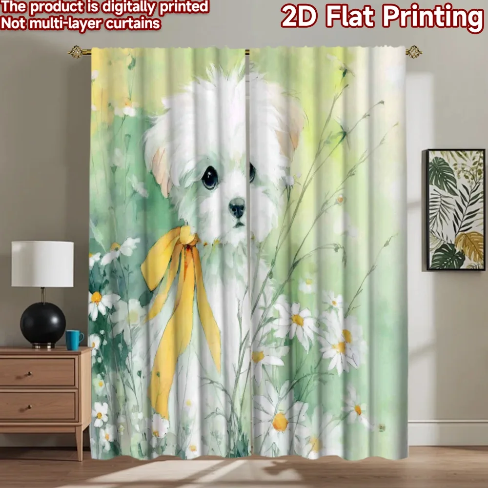 

2D flat printing 2pcs Curtains Cute White Dog Yellow Bow Daisies Digital Printed Polyester Drapes Festive Wall Decor Use for