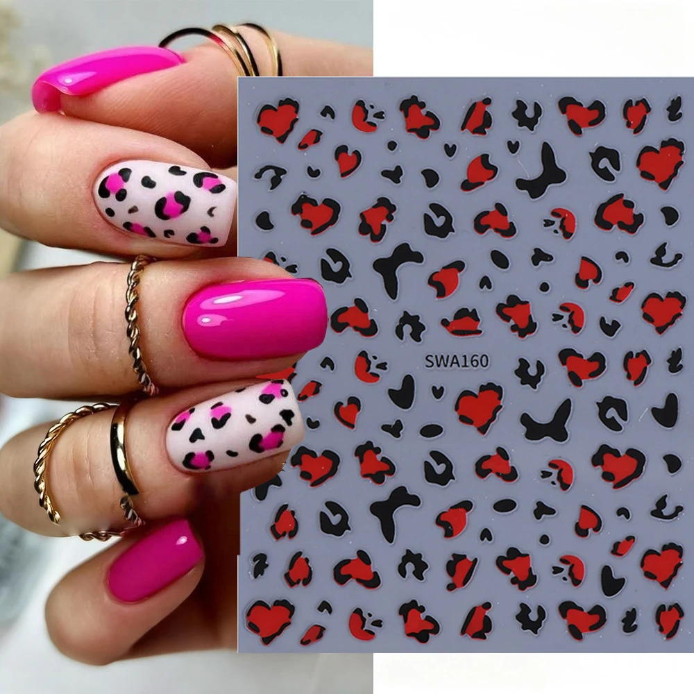 สติกเกอร์ติดเล็บลายเสือดาวสีดำแดง/ลายหัวใจฝรั่งเศสประดับกลิตเตอร์ ดีไซน์เซ็กซี่สำหรับวันวาเลนไทน์ ลายเสือดาวตกแต่งเล็บ DIY