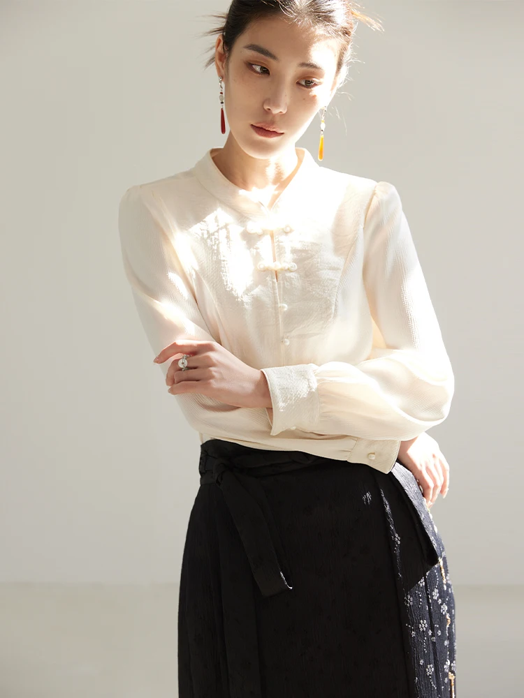 DUSHU New Chinese Style Stand Collar Beige Full Sleeve Blouses Pearl Packet Decoration Female Puff Sleeve Slight Strech Shirts