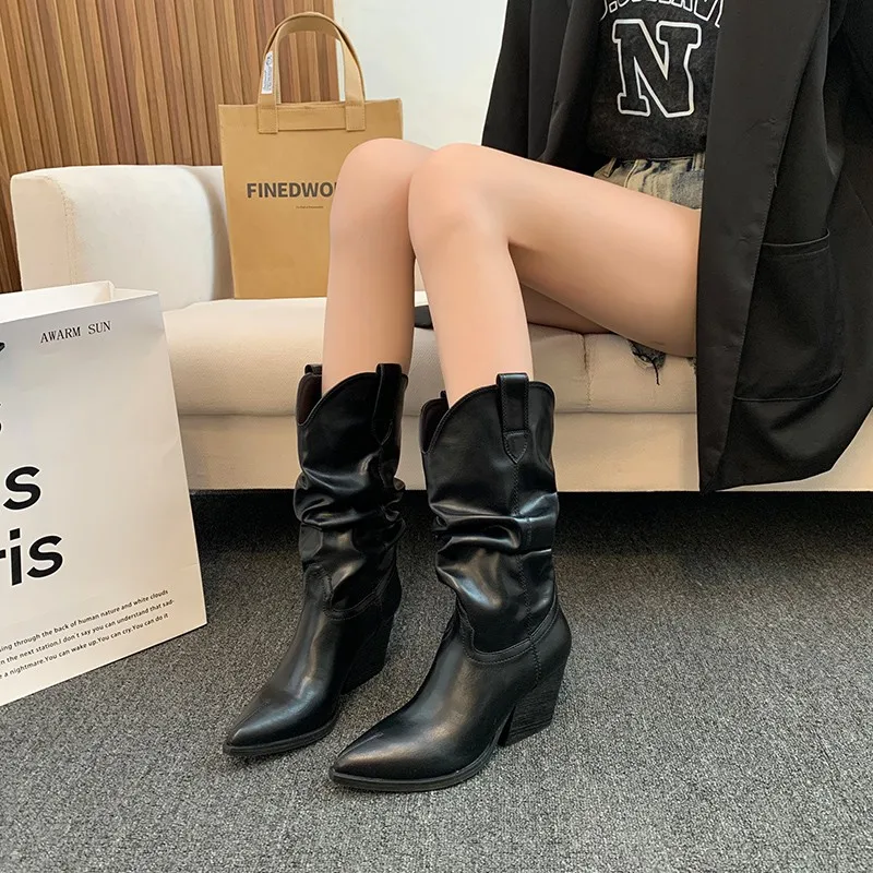 

High Heels Mid Calf Pleated Boots for Women Autumn Winter Brown Pu Leather Western Boots Woman Thick Heeled Cowgirl Botas Mujer