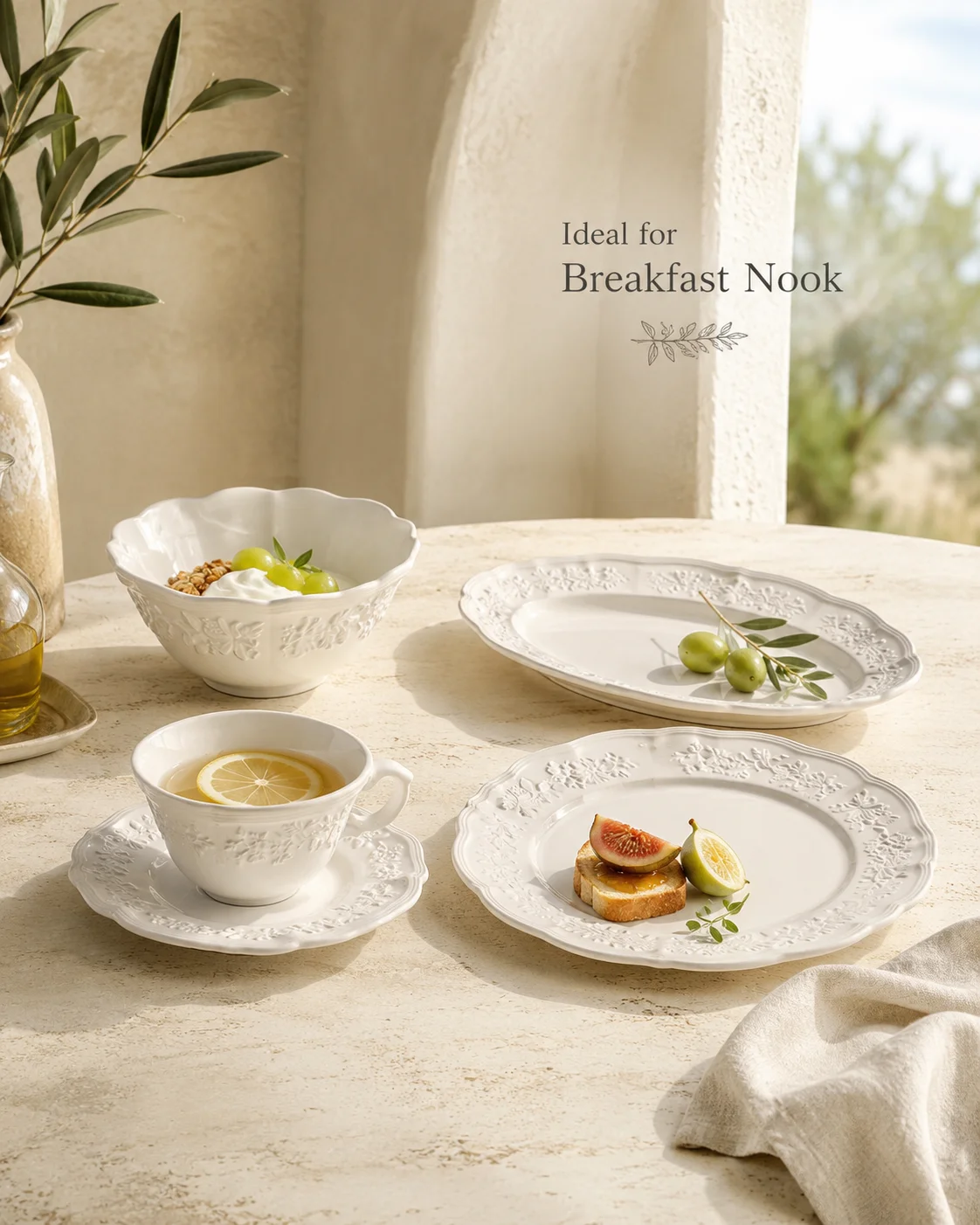 ColorValue French Vintage Embossed Ceramic Plates Bowls Cup and Saucer White Floral Lace Tableware for Dessert Pasta Salad