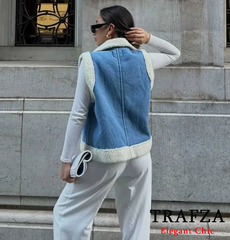 TRAFZA-Women Casual Fleece Vest Coat Lapel Buttons Denim Vest New 2024 Fashion Fall Winter Vintage Simple Versatile Vest