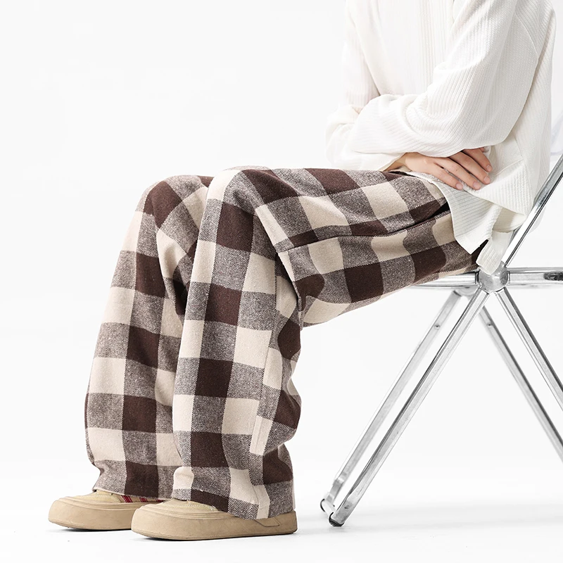 

Autumn Thick Casual Pants For Men Warm Fashion Retro Plaid Pants Japanese Streetwear Loose Wide Leg Pants Mens Vintage Trousers
